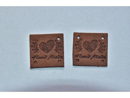 Koženkový štítek čtverec srdce Hand made 2,5x2,5cm tmavě hnědy