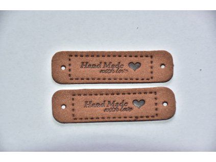 Koženkový štítek Hand made with love 5,5 x 1,5cm tmavě hnědy